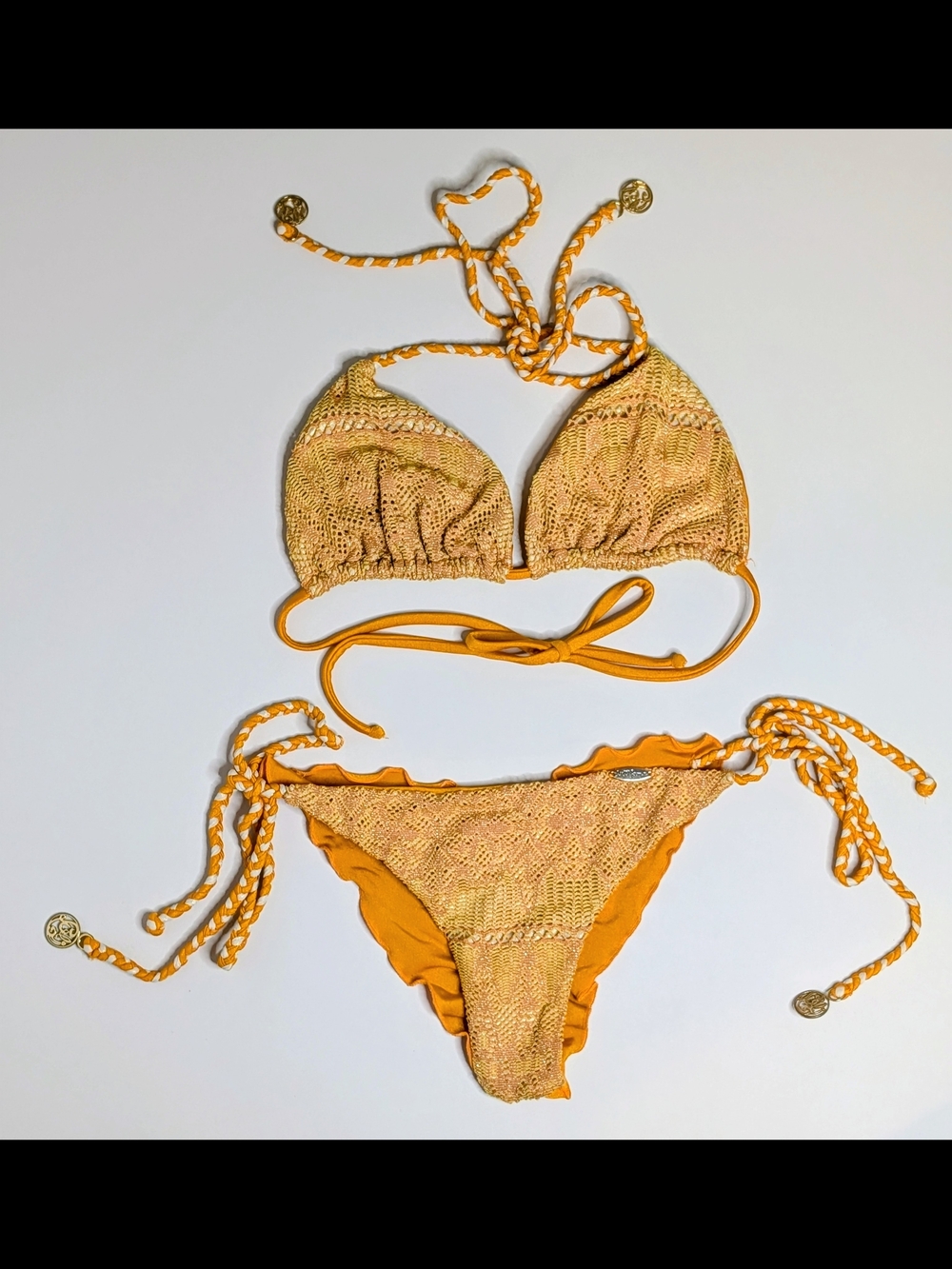 Luli Fama Size S Crochet Bikini Set Mustard Yellow Tie Side Brazilian Bottoms